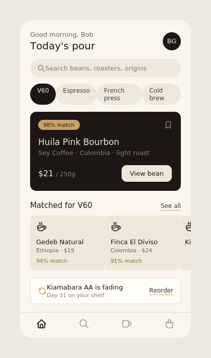 Percolate home screen showing a personal pick and roasters to browse