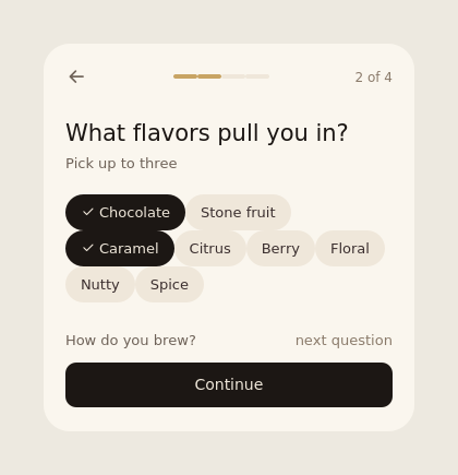 Flavor quiz interface asking the user about roast, acidity, and flavor preferences