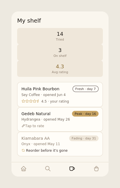 Percolate shelf screen showing your coffee bags organized by owned, wishlist, and finished
