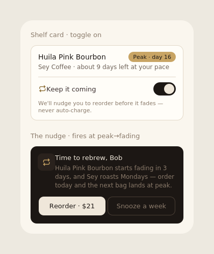 Percolate pick screen suggesting a coffee from the user's shelf based on their taste